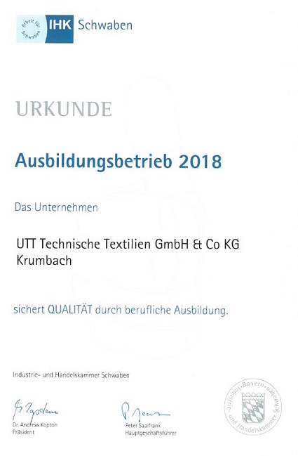 UTT – Ausgezeichneter Ausbildungsbetrieb 2018